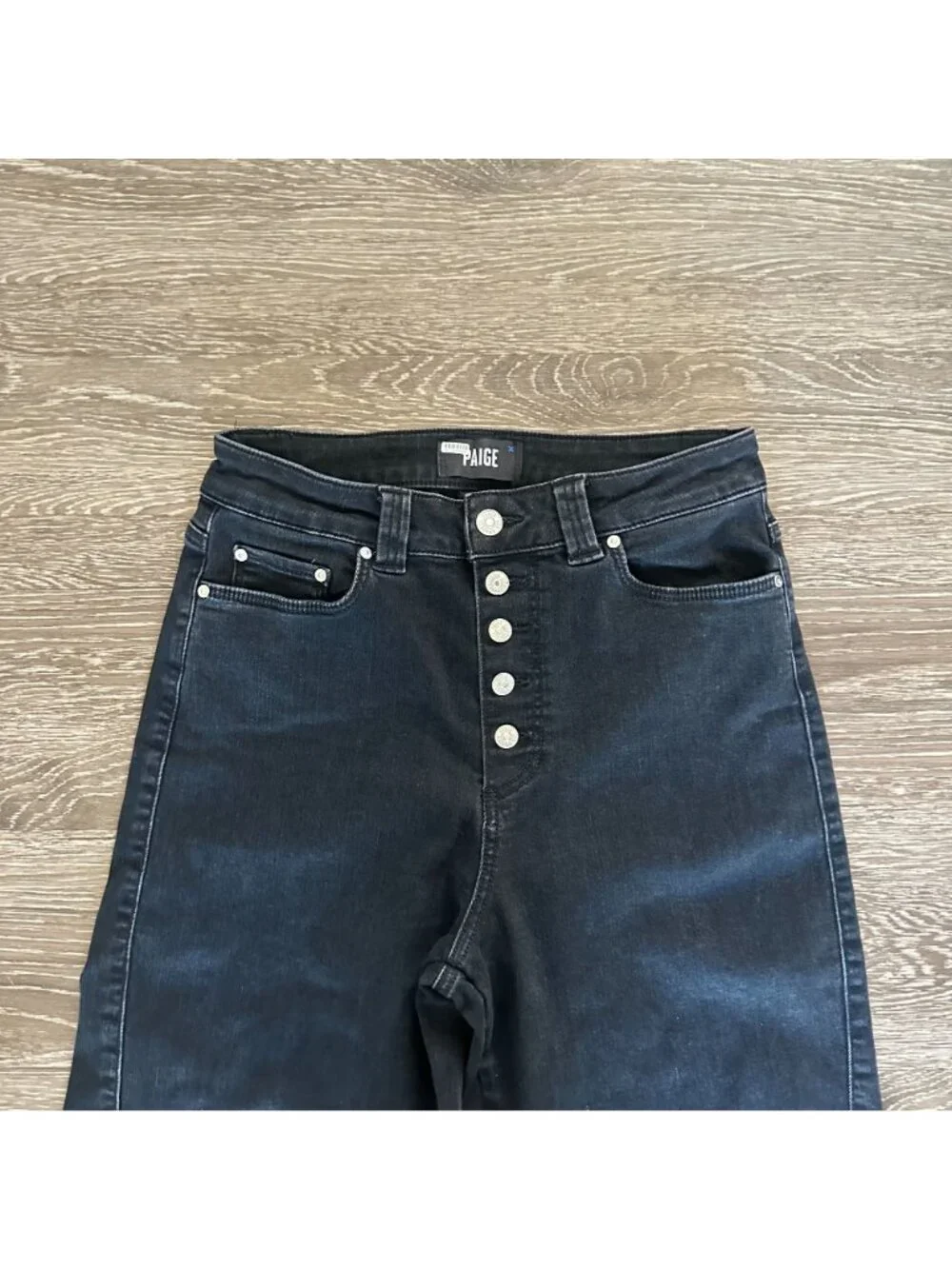 PAIGE Anessa Exposed Button Twist Seam Jeans 30 Dark Obsidian Wash Boho Minimali